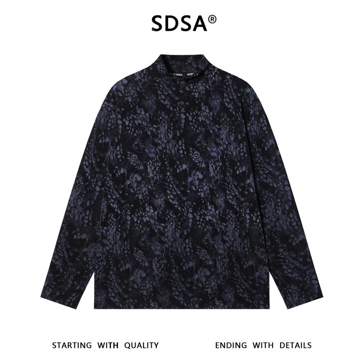SDSA男士秋冬新款痞帅男装潮牌简约撞色豹纹半高领长袖T恤休闲潮