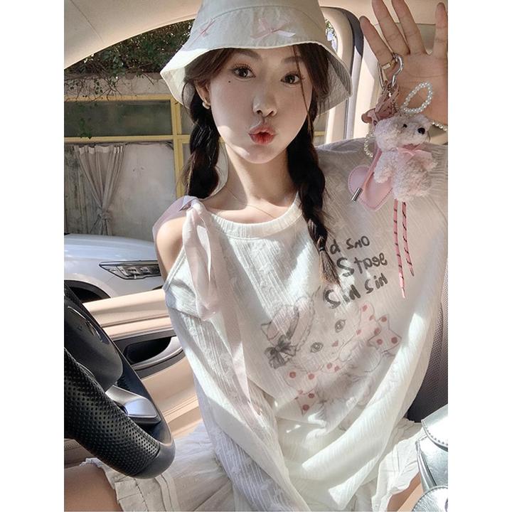 白色露肩猫咪T恤女印花长袖防晒罩衫上衣薄款短款百搭小众设计感