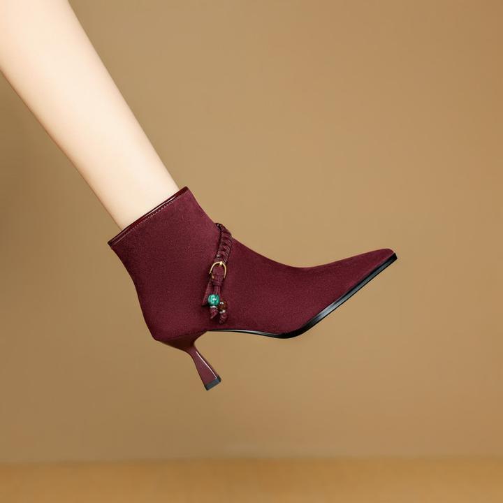 羊反皮~7cm法式气质编织链条尖头细跟瘦瘦靴性感高跟侧拉链时装靴