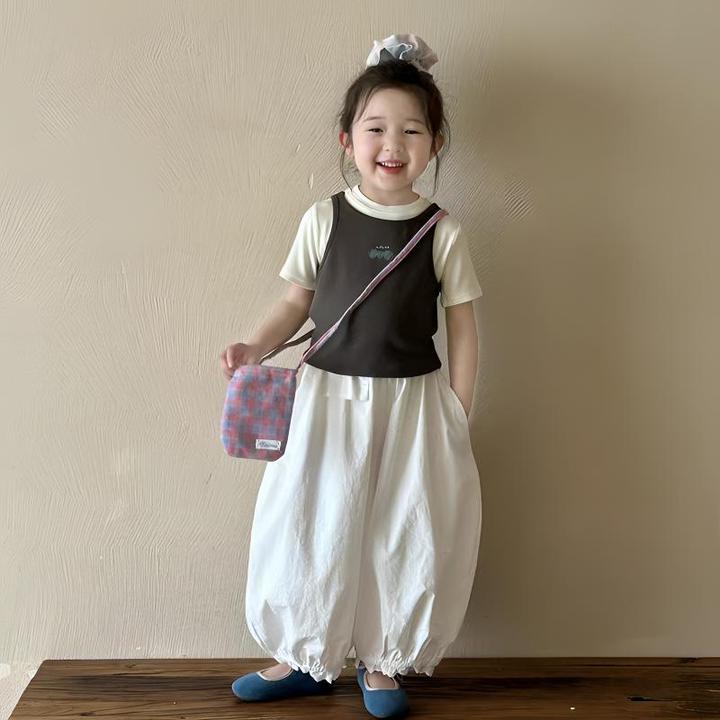 女童夏季套装儿童韩版背心叠穿短袖上衣阔腿裤三件套女宝宝夏装潮
