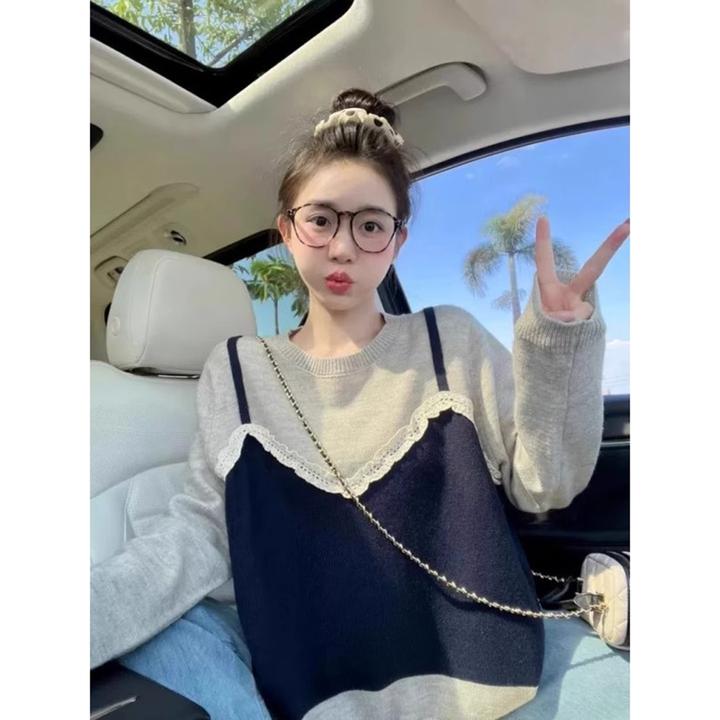 大码300斤韩系假两件吊带长袖针织衫女秋季2025新款设计感毛衣女