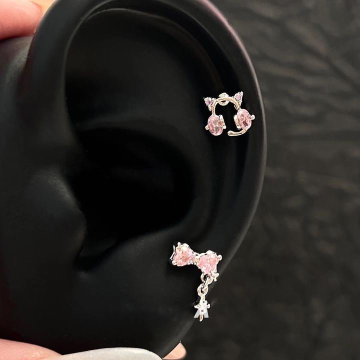 早春上新~电竞小猫粉钻蝴蝶结猫咪耳骨钉可爱耳钉小众耳饰流苏