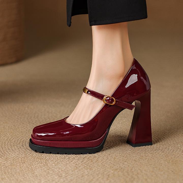 10.5cm漆皮高跟鞋不累脚粗跟防水台单鞋方头气质一字扣玛丽珍鞋
