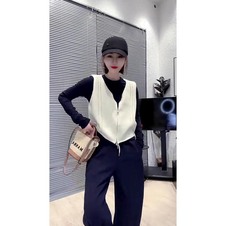 欧货新款简约休闲百搭V领双拉链针织马甲