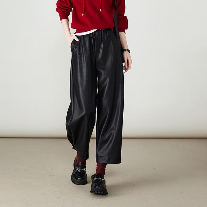 索菲丝尔2025秋季新款时尚宽松百搭显瘦高腰休闲阔腿裤皮裤531085