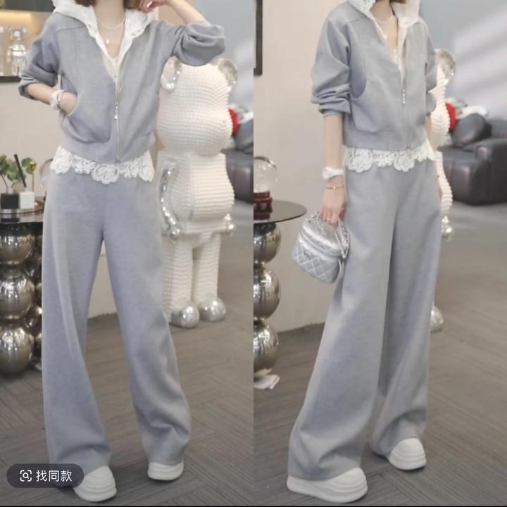 团春季新款蕾丝拼接休闲连帽卫衣开衫直筒裤套装女时尚减龄一整套