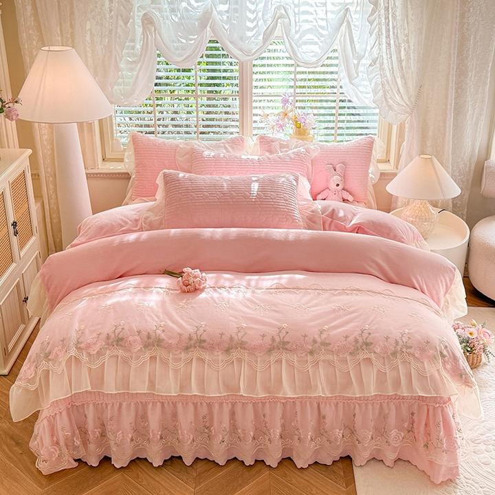 法式加厚蕾丝花边牛奶绒床盖四件套公主风双面绒加绒被套罩抗静电