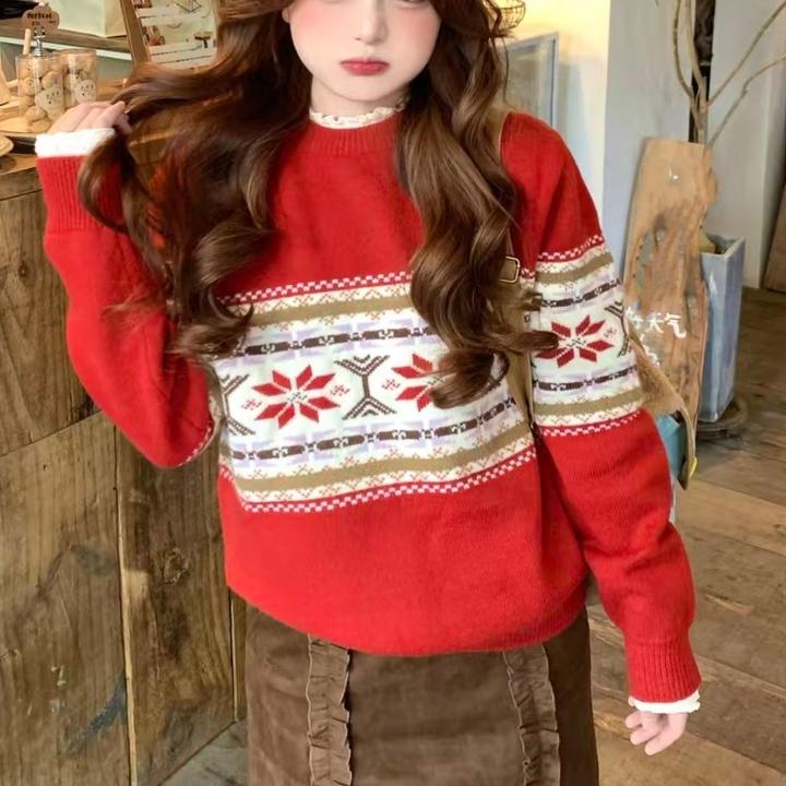 2025新款费尔岛红色圣诞毛衣女秋冬季慵懒高级感内搭外穿针织上衣