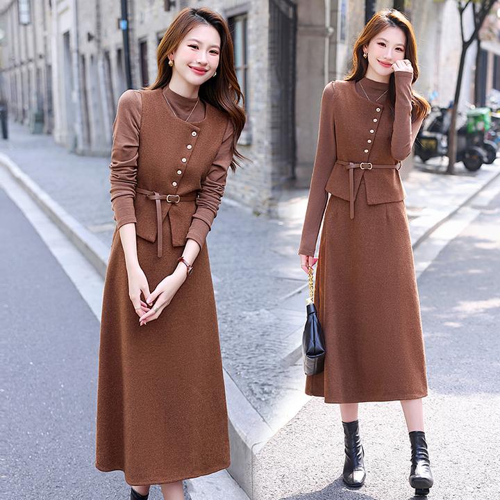 2024新款时尚秋冬装潮流气质打底衫马甲半身裙修身显瘦三件套套装