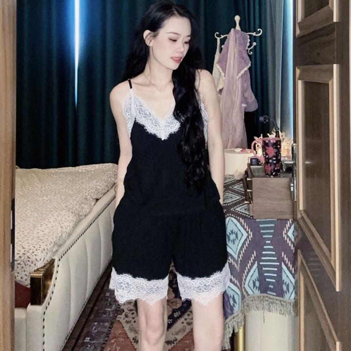 (带胸垫)冰凉感吊带睡衣女夏季薄款纯欲风性感吊带两件套家居服