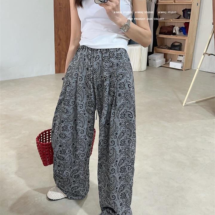 夏季轻薄冰丝凉感高腰休闲裤时尚腰果花透气舒适宽松休闲直筒裤