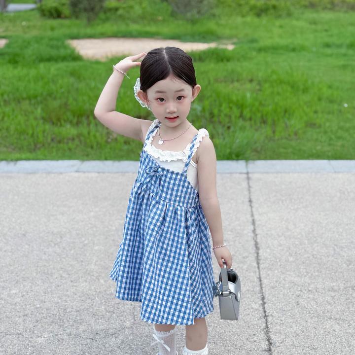 女童假两件格子裙吊带裙2025夏季新款小女孩洋气韩版花边连衣裙子