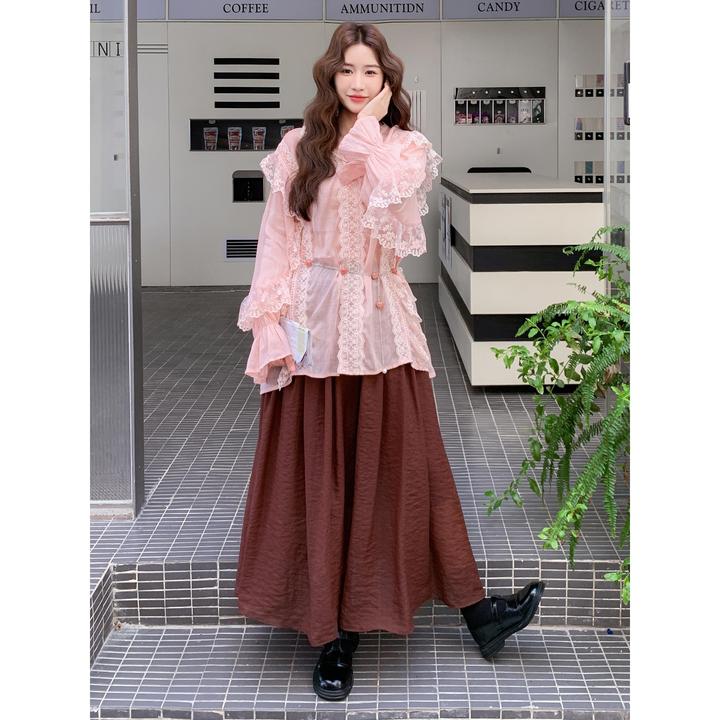 粉色超好看法式蕾丝拼接上衣套装女早秋新款休闲显瘦半身裙两件套