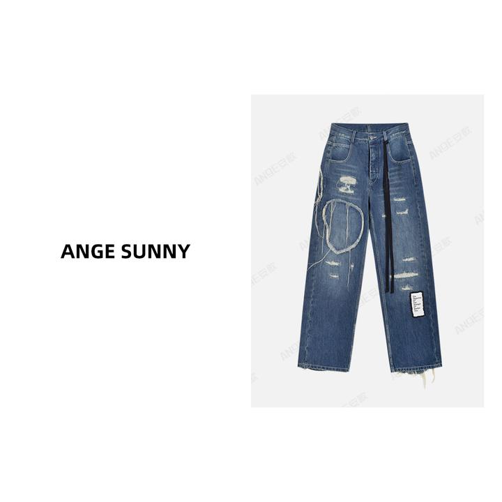 ANGE SUNNY【Rosé同款 破坏牛仔裤】重工设计感时尚破洞显瘦牛仔裤