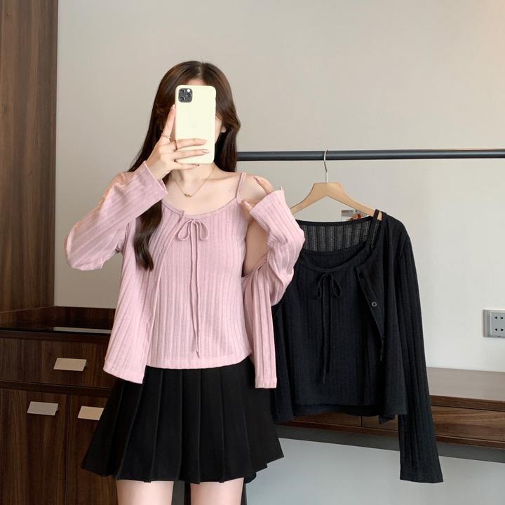 2025秋装胖mm韩系甜美风套装长袖针织开衫系带背心两件套80508