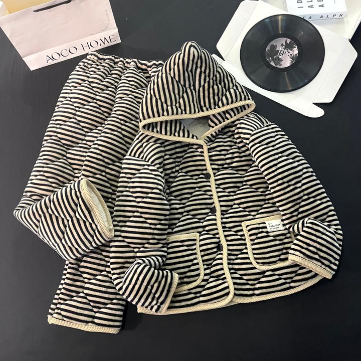 珊瑚绒睡衣女秋冬季三层加厚夹棉加绒可外穿保暖黑条纹套装家居服