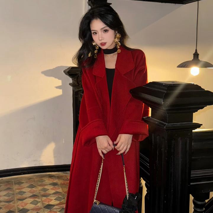 新年战袍红色双面呢子大衣女2025冬季新款复古高级感加厚毛呢外套