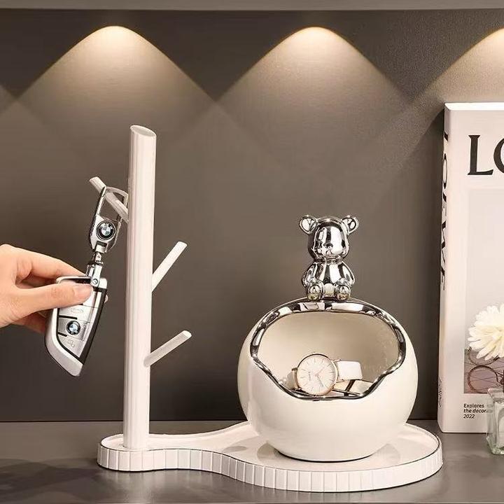 小熊收纳摆件轻奢高档入户门口玄关放钥匙置物架摆件鞋柜可爱装饰