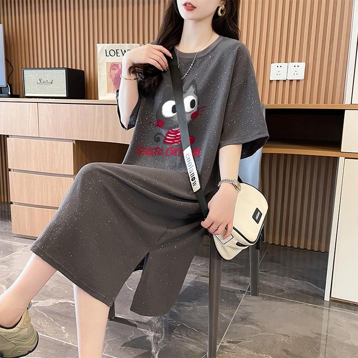 卡通时尚显瘦遮肉过膝T恤裙女夏季韩版宽松设计感亮闪闪连衣裙ins