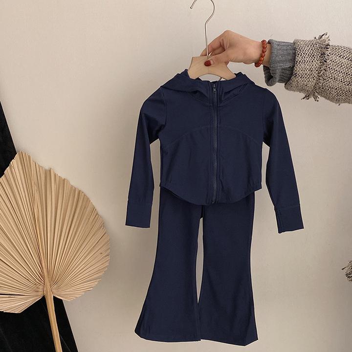 春季新款韩版女童时尚百搭连帽外套2025洋气喇叭裤运动潮流套装