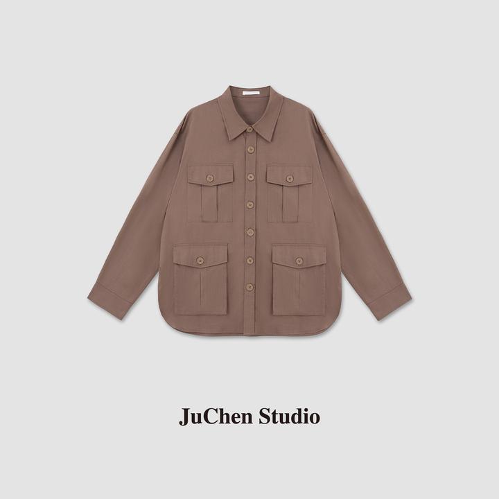 沙丘玫瑰低饱和异色廓形工装夹克轻量微褶棉质翻领外套 SS062686