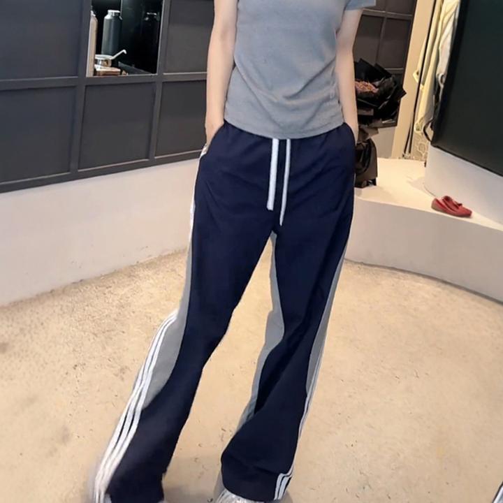 2025夏大码胖妹妹梨形身材阔腿运动松紧腰条纹拼色宽松显瘦休闲裤