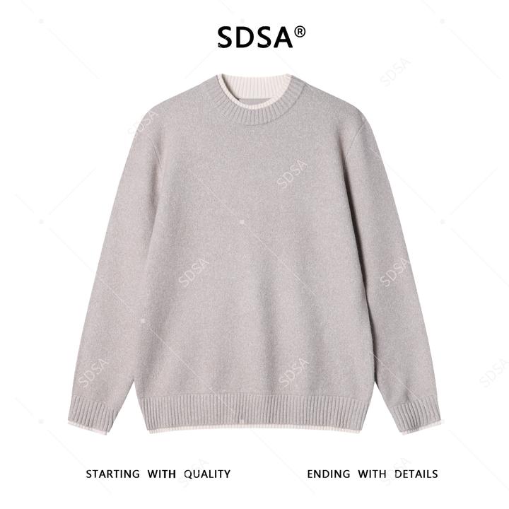 SDSA秋冬新款痞帅男装韩版简约撞色假两件圆领针织衫慵懒风毛衣