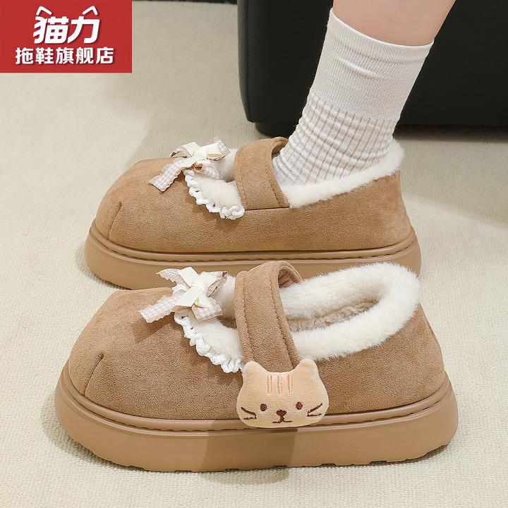 猫力可爱小猫魔术贴棉拖鞋女包跟2025新款冬季外穿保暖豆豆鞋棉鞋