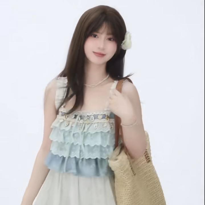 甜美森系吊带背心套装高腰显瘦长裙夏季设计感