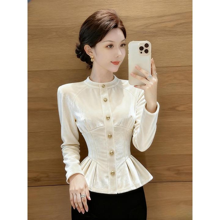 秋季巨好看的设计感上衣韩系漂亮高级感洋气减龄白色丝绒掐腰衬衫
