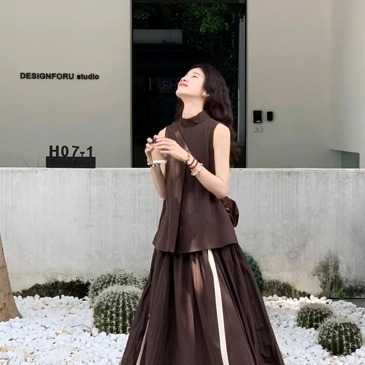 森系简约通勤无袖背心半身裙套装韩版夏季休闲时尚两件套