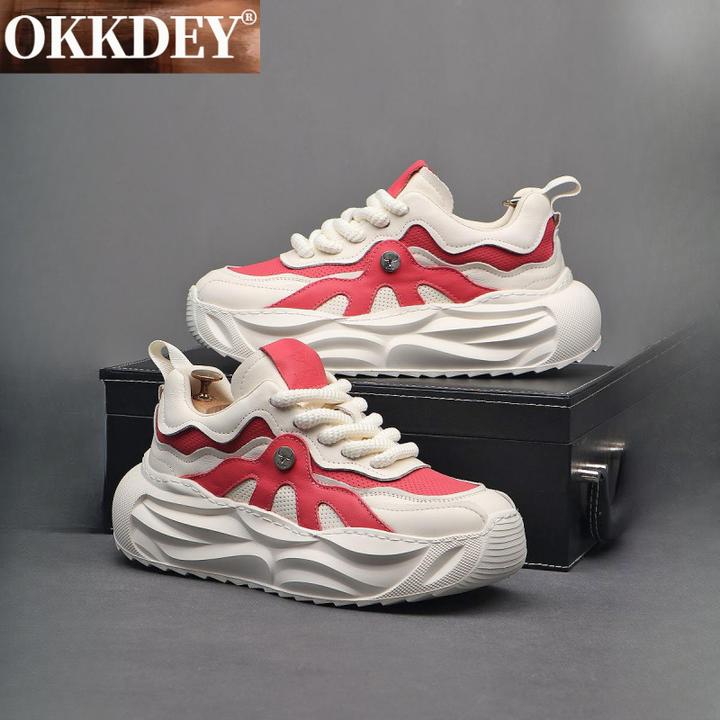 okkdey真皮男鞋增高老爹鞋男设计师款厚底运动休闲时尚百搭春秋牛