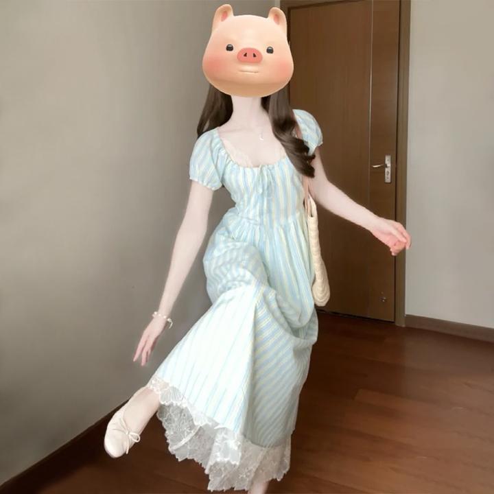 3842海边度假风条纹连衣裙子女夏法式甜美设计感蕾丝拼接撞色长裙