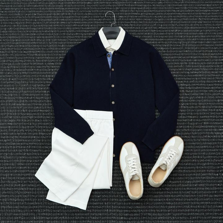 Mrperfect秋冬季拼接休闲毛线衣男士翻领针织毛衣男羊毛开衫外套