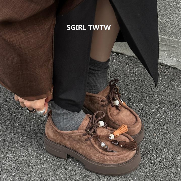SGIRL TWTW2025年秋季新款真皮流速厚底百搭休闲松糕鞋单鞋女鞋潮