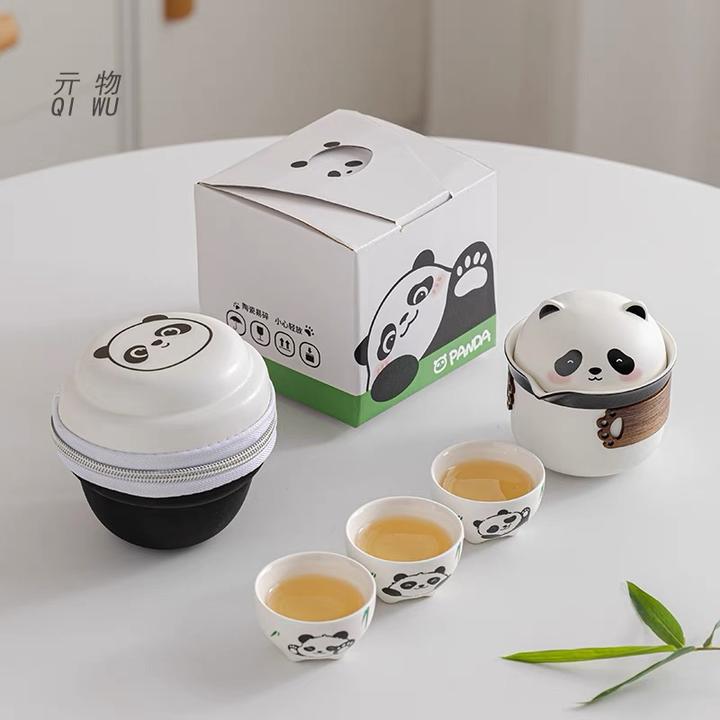 G480-熊猫旅行茶具一壶三杯便携式一人女户外露营泡茶快客杯