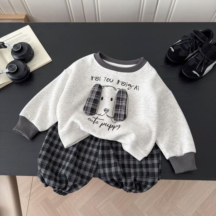 儿童卫衣套装2025秋季新款韩系卡通男女童套头衫格子卫裤两件套潮