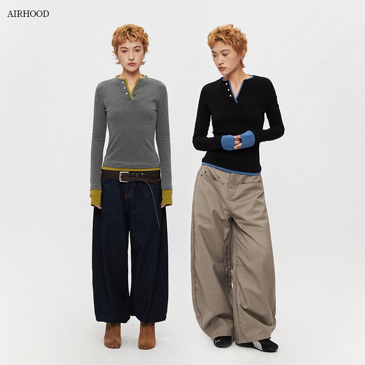 AIRHOOD 假两件撞色拼接亨利领长袖T恤女修身显瘦辣妹上衣C5405