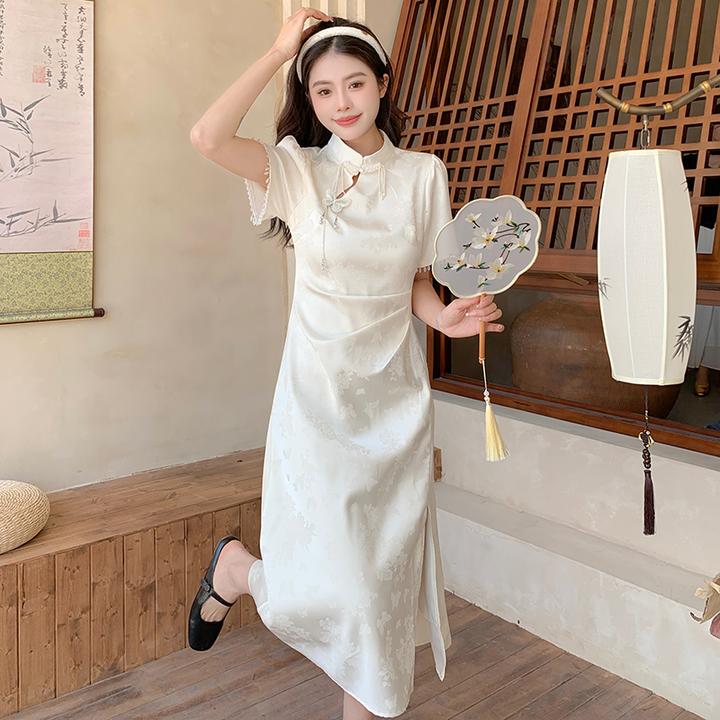 大码新中式提花连衣裙夏胖mm复古国风修身显瘦长