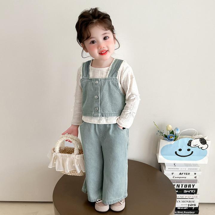 女童套装2025新款春季女孩韩版洋气时髦牛仔马甲三件套女宝宝春装