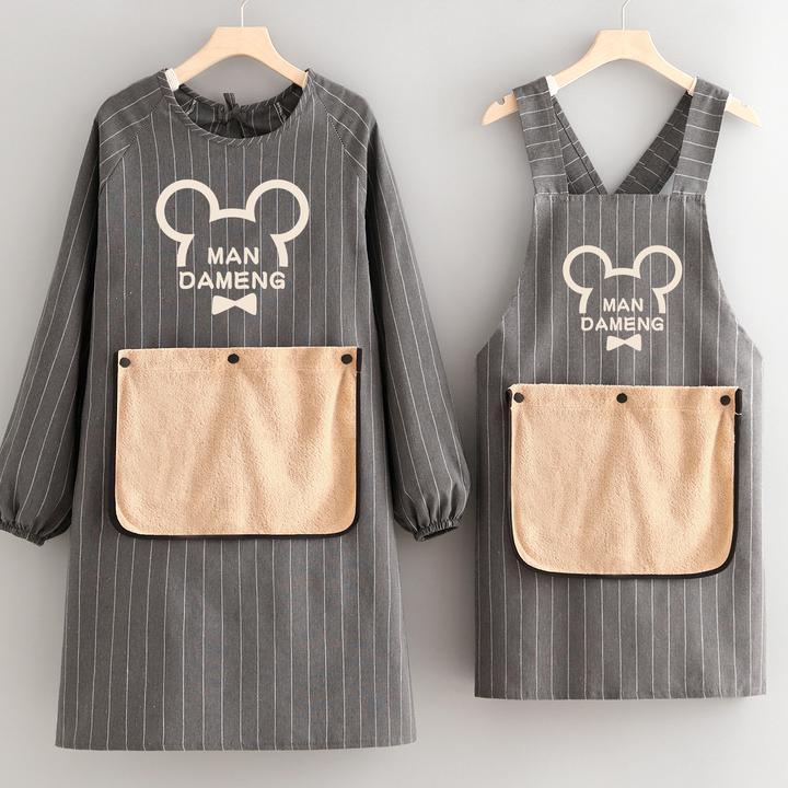 透气长袖围裙家用厨房做饭罩衣防污耐脏简约条纹女工作服定制印字