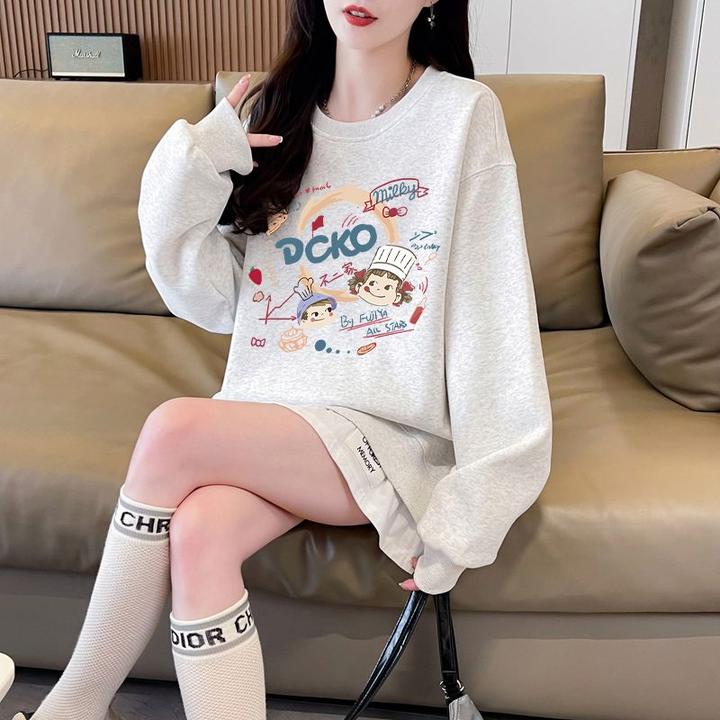 灰色百搭休闲洋气拼接假两件圆领卫衣女春秋季薄款韩版宽松大码潮