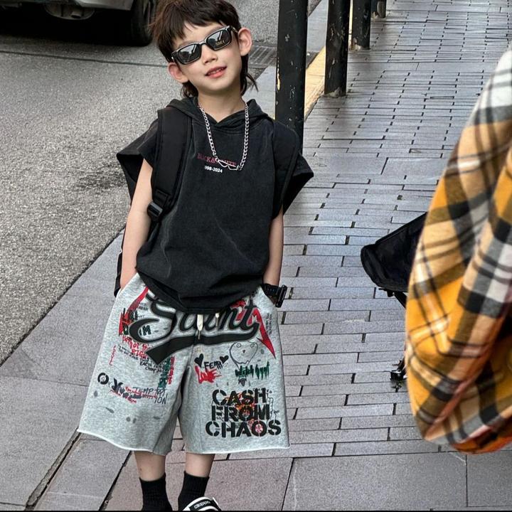 戴维贝拉【断码】男童背心套装夏季新款韩版印花连帽背心涂鸦运