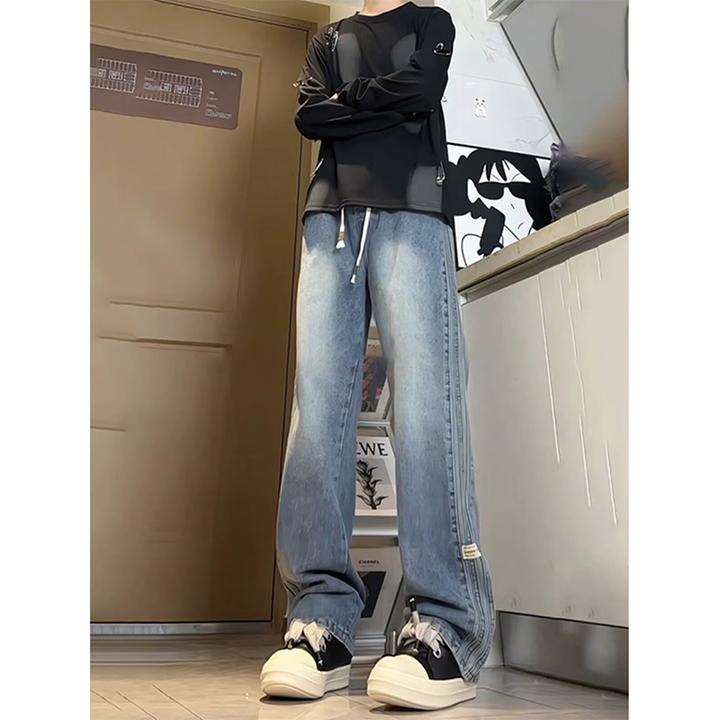 条纹牛仔裤男夏季潮牌美式阔腿裤子2024秋季宽松直筒水洗休闲长裤