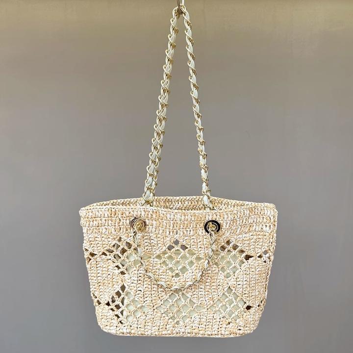 小香风拉菲草编织包拼接真皮链条腋下包沙滩包镂空手提单肩托特包