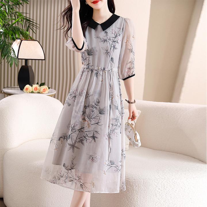 夏季碎花连衣裙蓝色碎花真丝裙夏装气质时尚收腰女装裙子显瘦