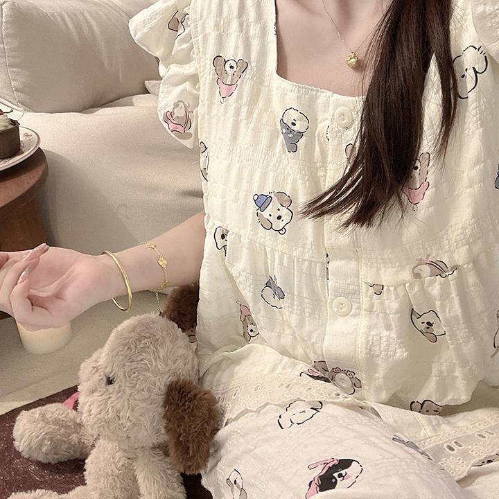 手绘狗狗夏季小飞袖泡泡棉睡衣少女三件套带胸垫高级感学生家居服