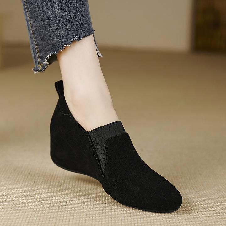 小个子手工女鞋6cm~新款坡跟加绒单鞋舒适磨砂皮松紧带黑色工作鞋