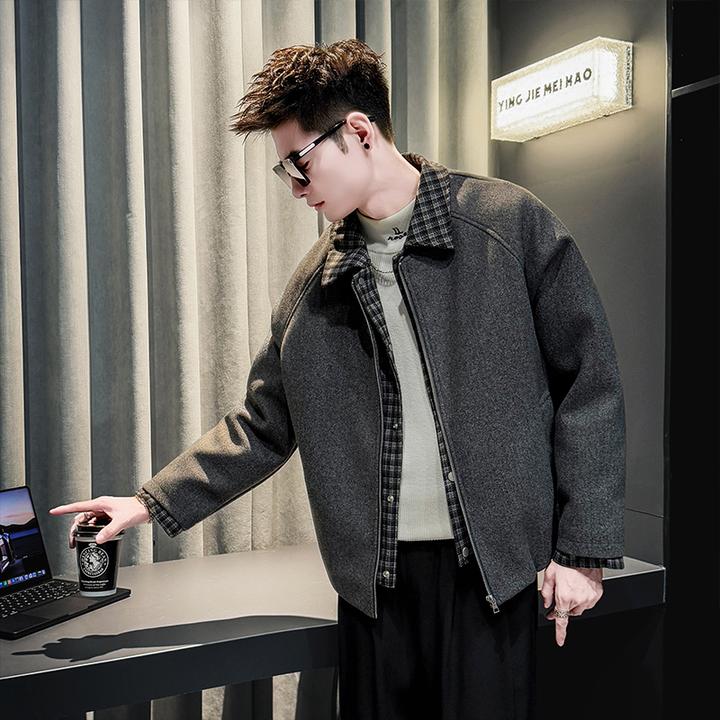 假两件格纹拼接毛呢外套男士冬季加厚保暖宽松短款棉衣男装上衣潮