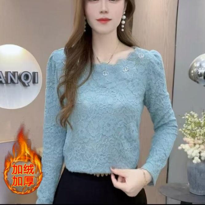 洋气磨毛加绒蕾丝长袖打底冬季新款时尚修身保暖减龄上衣女
